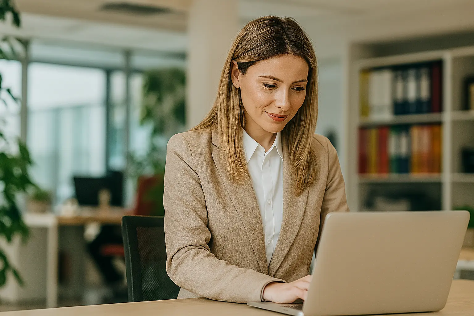 Business professional working on a laptop in a modern office
